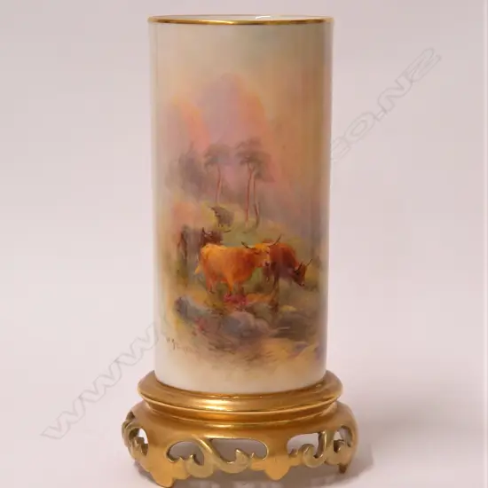 A 1930s Royal Worcester Highland Cattle painted cylinder vase by Harry Stinton