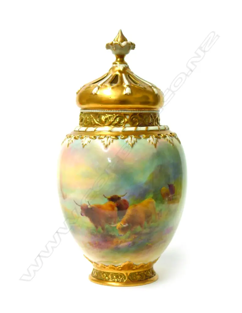 A 1930s Royal Worcester Highland Cattle painted large potpourri by Harry Stinton Image 1++