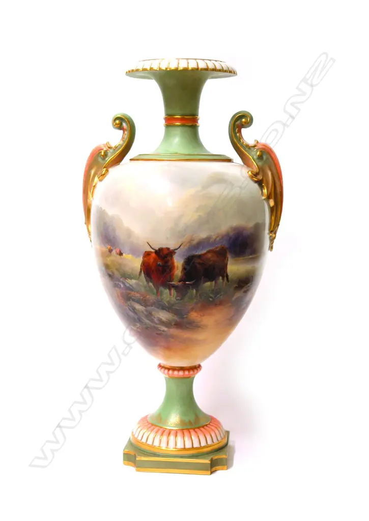A c.1901 Royal Worcester Highland Cattle painted large vase signed J. Stinton Image 1++