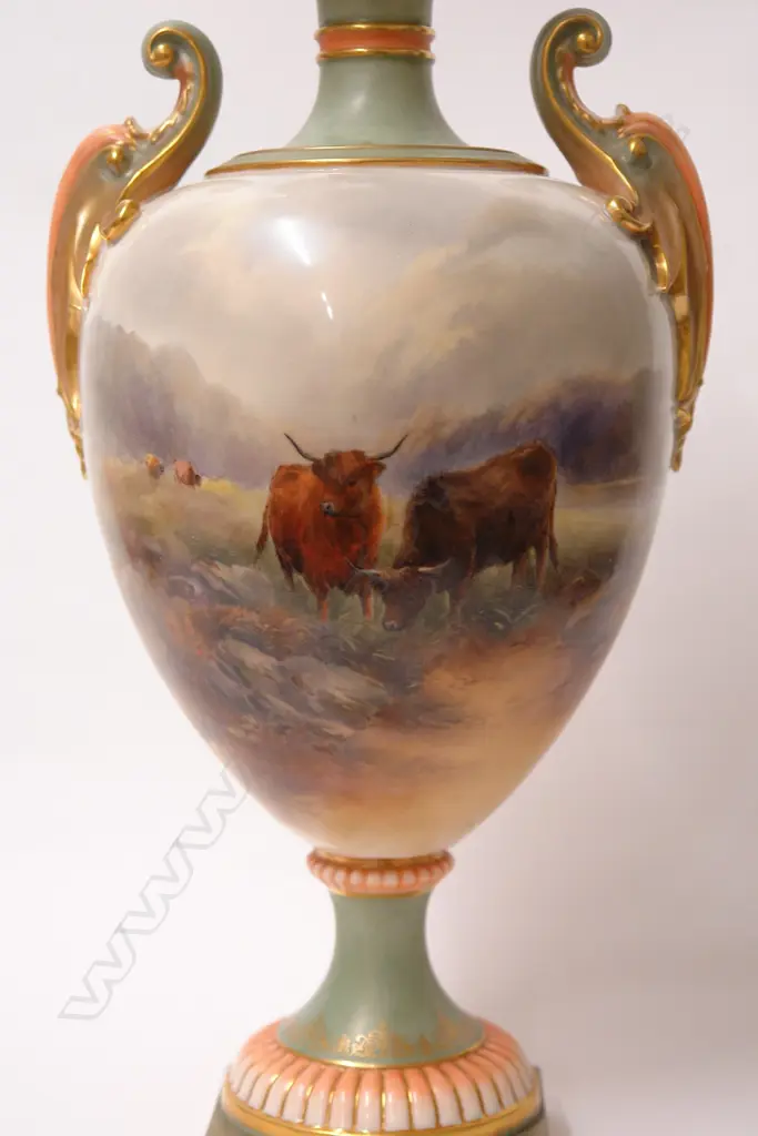 A c.1901 Royal Worcester Highland Cattle painted large vase signed J. Stinton Image 1++