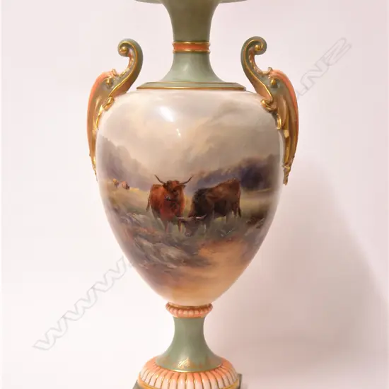 A c.1901 Royal Worcester Highland Cattle painted large vase signed J. Stinton