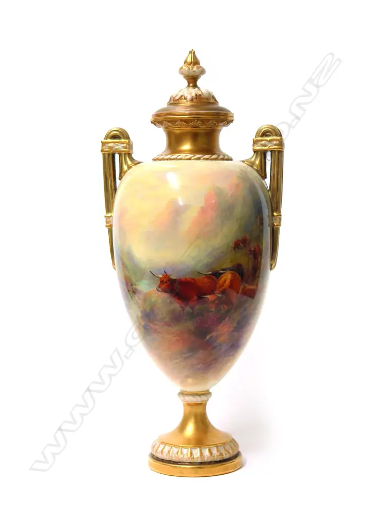 A 1920s Royal Worcester Highland Cattle painted lidded ewer vase signed J. (James) Stinton Image 1++
