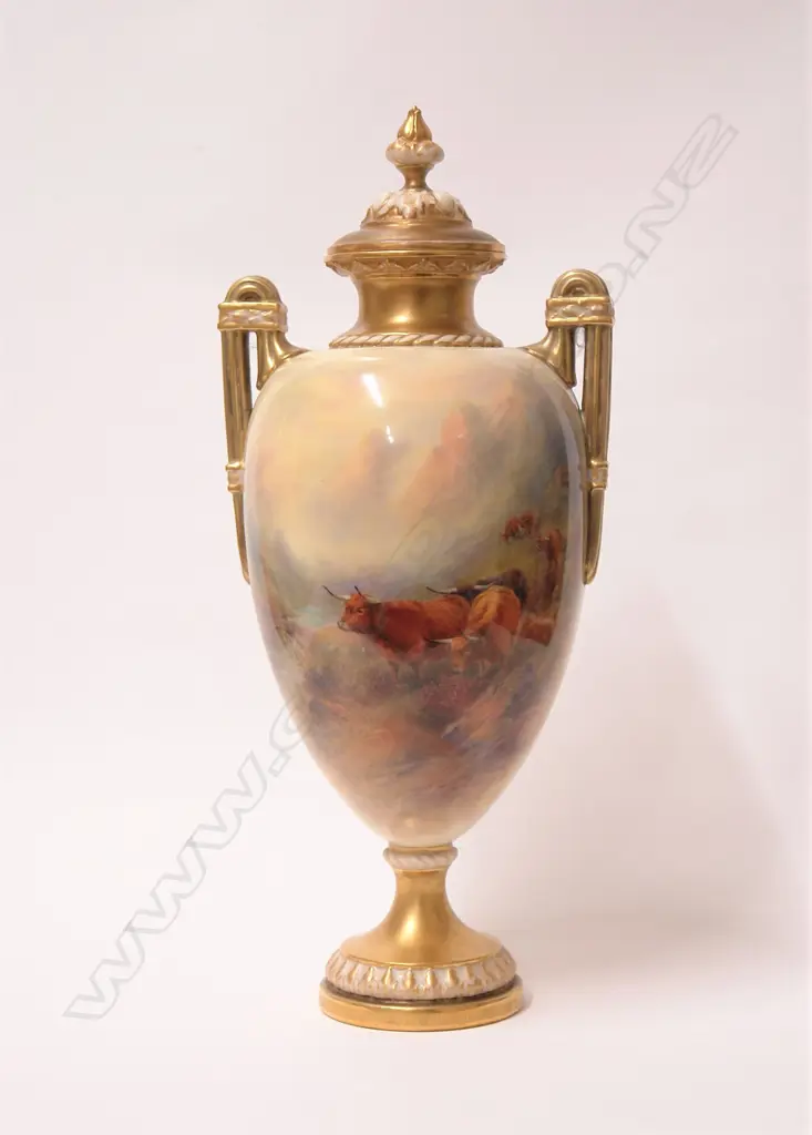 A 1920s Royal Worcester Highland Cattle painted lidded ewer vase signed J. (James) Stinton Image 1++