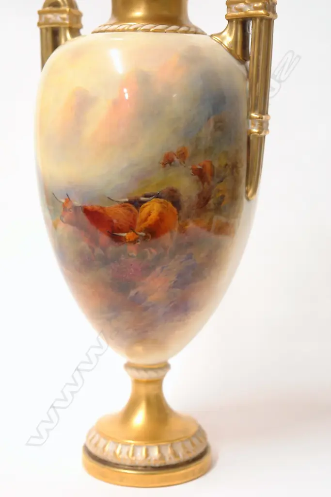 A 1920s Royal Worcester Highland Cattle painted lidded ewer vase signed J. (James) Stinton Image 1++