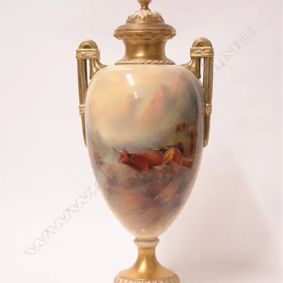 A 1920s Royal Worcester Highland Cattle painted lidded ewer vase signed J. (James) Stinton