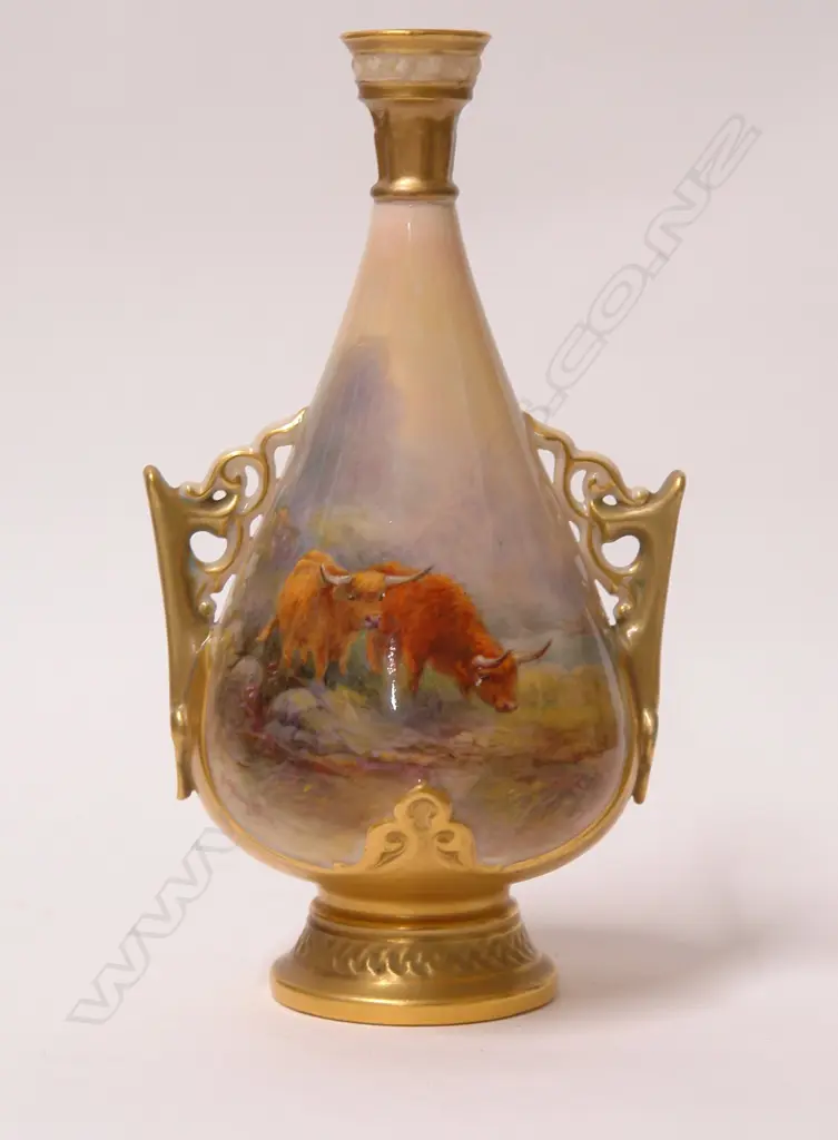 A 1920s Royal Worcester specimen vase painted with Highland Cattle by Harry Stinton Image 1++
