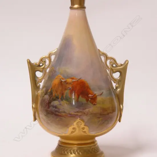 A 1920s Royal Worcester specimen vase painted with Highland Cattle by Harry Stinton