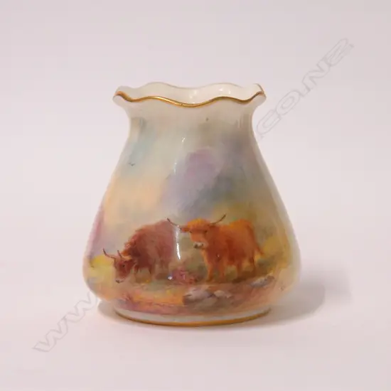 A 1930s Royal Worcester compact vase painted with Highland Cattle by Stinton
