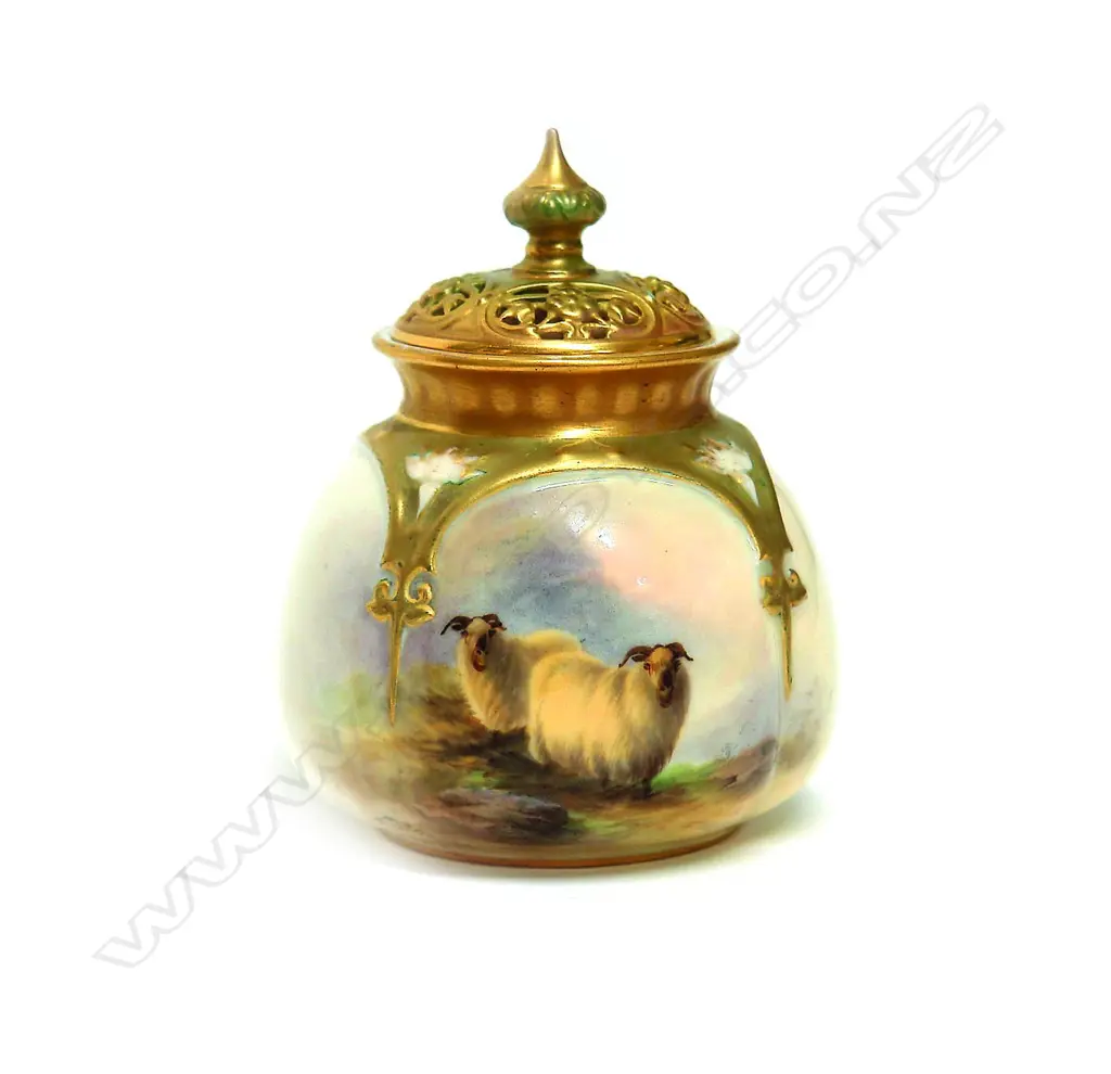 A c.1920 Royal Worcester Black Face Sheep painted potpourri signed E. Barker Image 1++