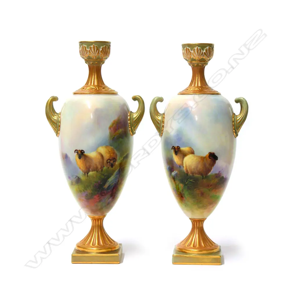 A rare pair of Edwardian Royal Worcester Black Face Sheep urn vases by E. Barker Image 1++