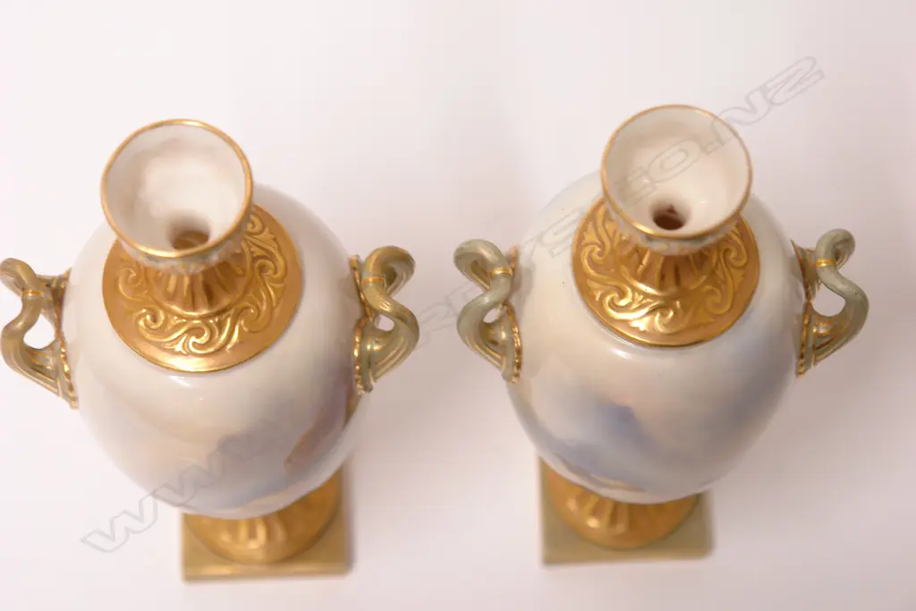 A rare pair of Edwardian Royal Worcester Black Face Sheep urn vases by E. Barker Image 1++
