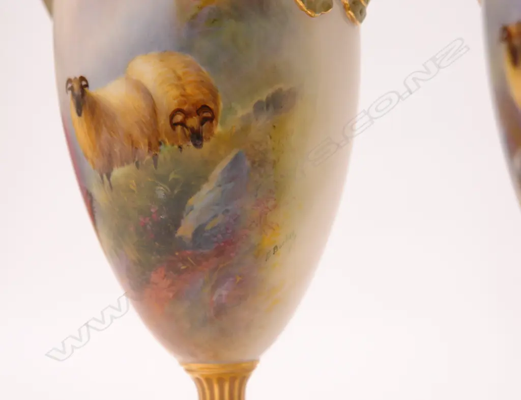 A rare pair of Edwardian Royal Worcester Black Face Sheep urn vases by E. Barker Image 1++