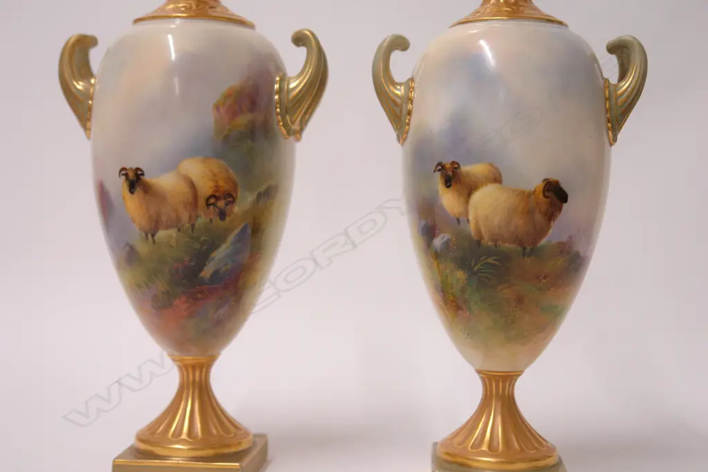 A rare pair of Edwardian Royal Worcester Black Face Sheep urn vases by E. Barker Image 1++