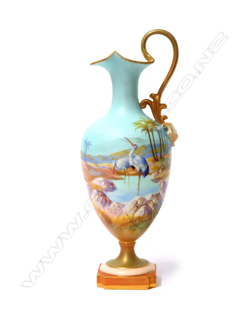 A 1911 Royal Worcester ewer jug exquisitely painted with storks by Walter Powell Image 1++