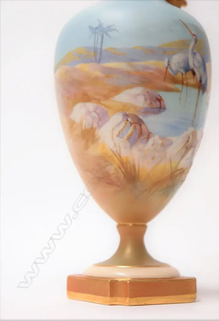 A 1911 Royal Worcester ewer jug exquisitely painted with storks by Walter Powell Image 1++