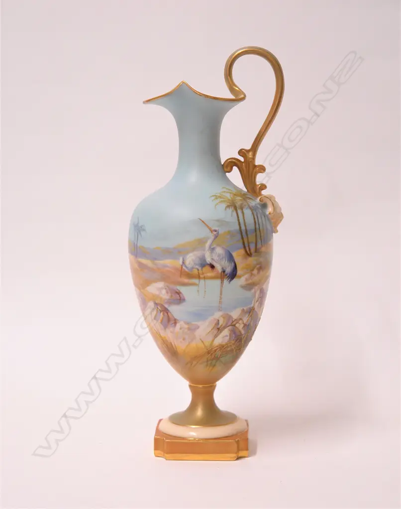A 1911 Royal Worcester ewer jug exquisitely painted with storks by Walter Powell Image 1++