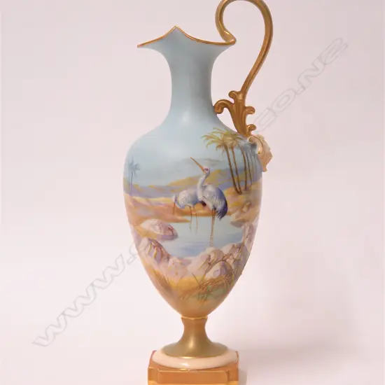 A 1911 Royal Worcester ewer jug exquisitely painted with storks by Walter Powell