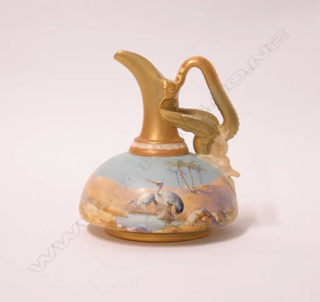 A 1912 Royal Worcester small ewer jug painted with storks by William Powell Image 1++