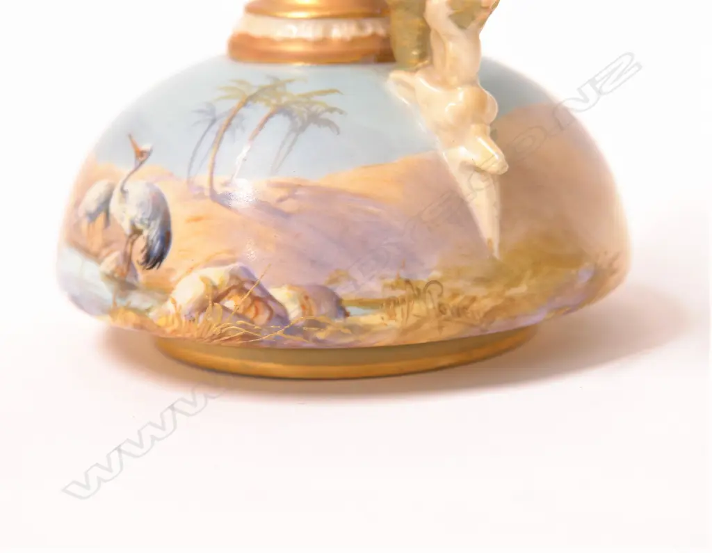 A 1912 Royal Worcester small ewer jug painted with storks by William Powell Image 1++