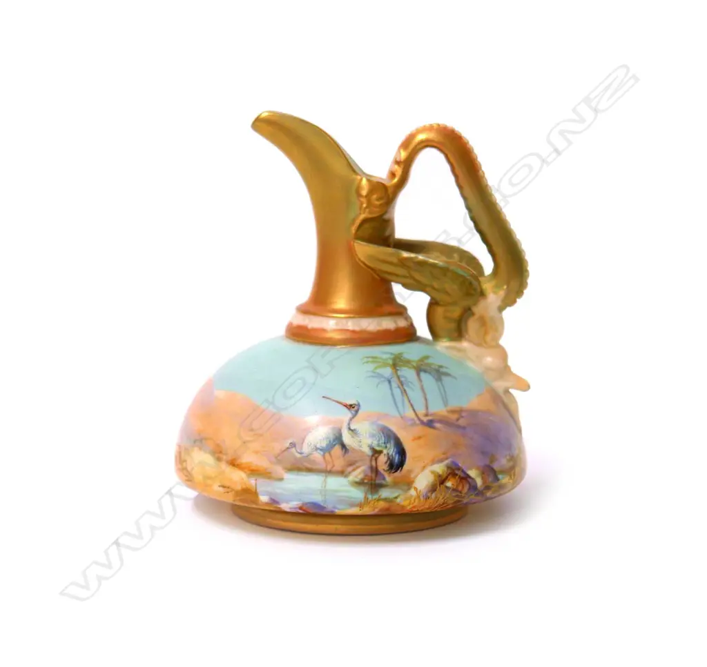 A 1912 Royal Worcester small ewer jug painted with storks by William Powell Image 1++