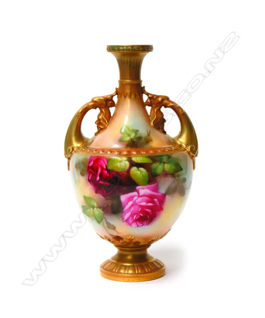 An Edwardian Royal Worcester rose painted urn form specimen vase by Blake Image 1++
