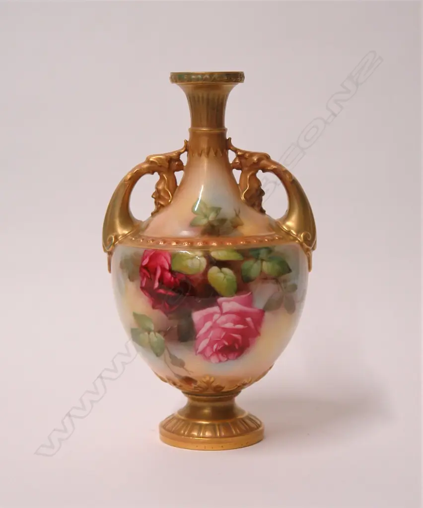 An Edwardian Royal Worcester rose painted urn form specimen vase by Blake Image 1++