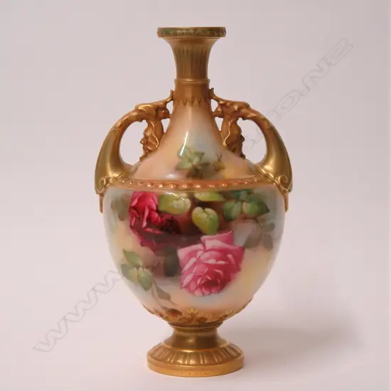 An Edwardian Royal Worcester rose painted urn form specimen vase by Blake