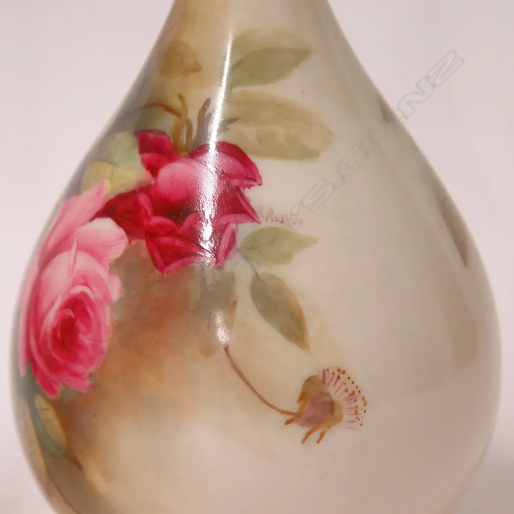 A pair of early 20thC Royal Worcester elegant ovoid vase painted with roses by R. Rushton Image 1++