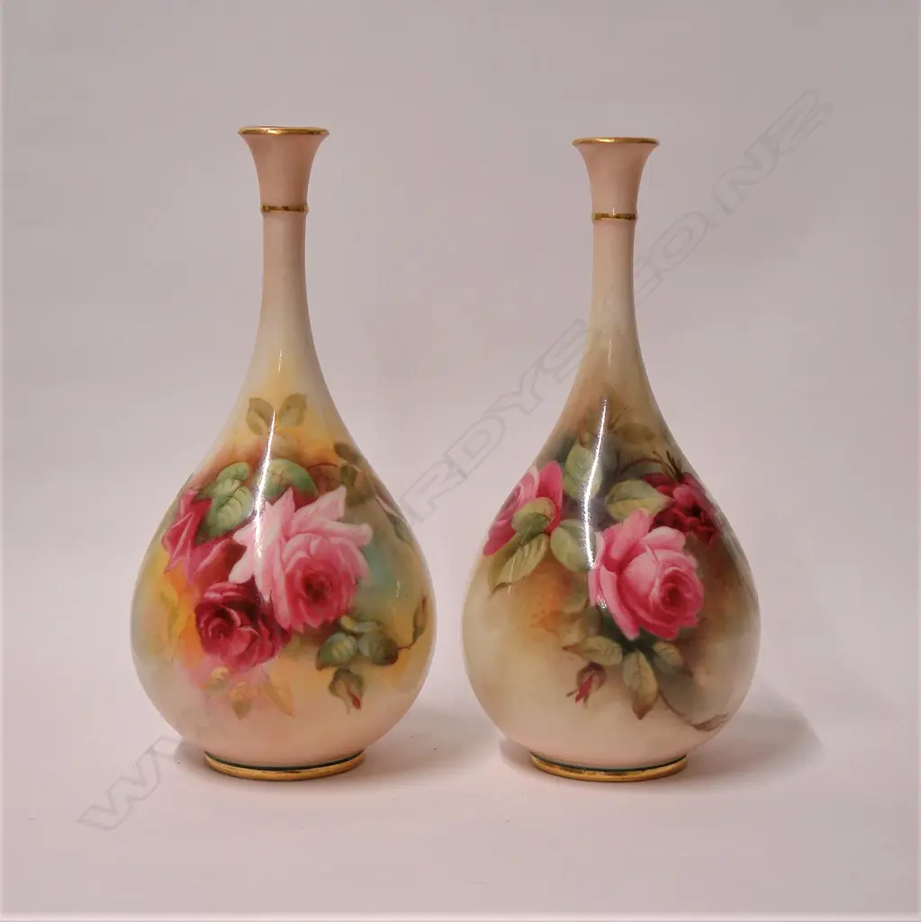 A pair of early 20thC Royal Worcester elegant ovoid vase painted with roses by R. Rushton Image 1++