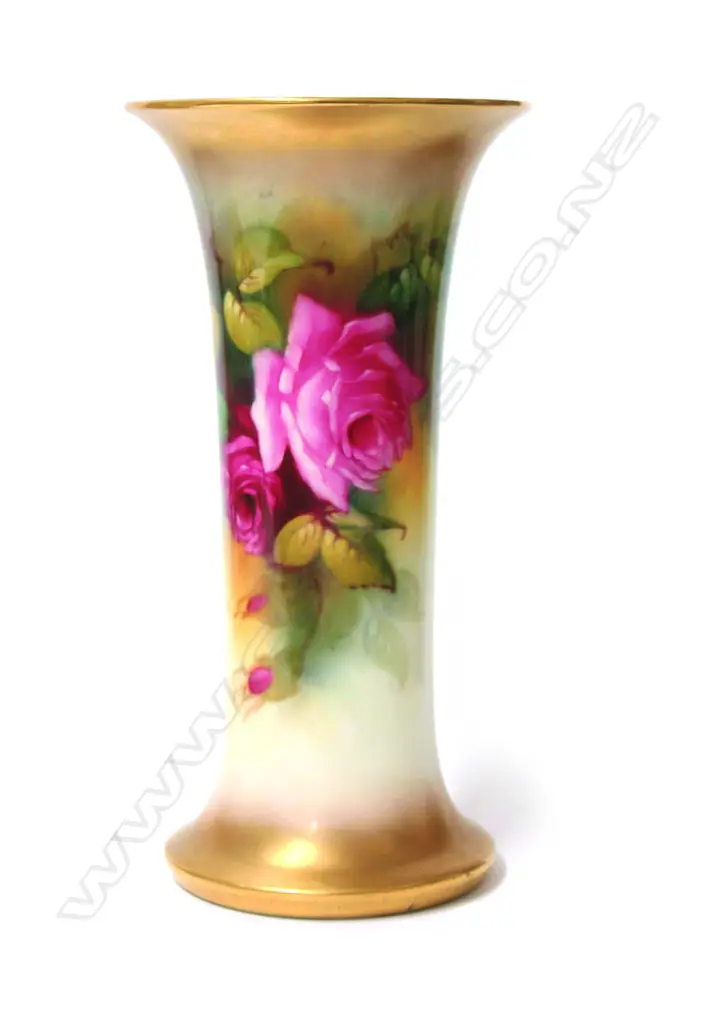 A 1920s tall Royal Worcester rose painted trumpet vase by Millie Hunt Image 1++