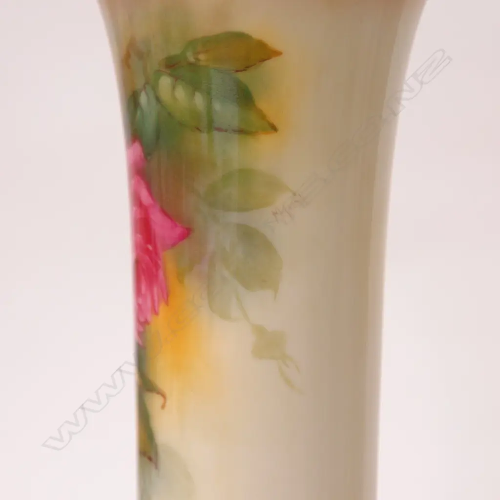A 1920s tall Royal Worcester rose painted trumpet vase by Millie Hunt Image 1++