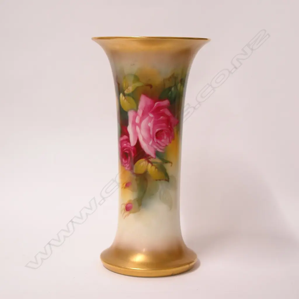 A 1920s tall Royal Worcester rose painted trumpet vase by Millie Hunt Image 1++