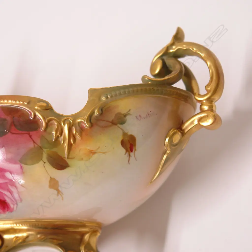 An Edwardian Royal Worcester boat form vase painted with roses by R. Austin Image 1++
