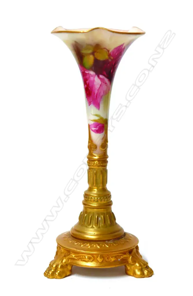 An early 20thC Royal Worcester trumpet vase painted with roses by Kitty Blake Image 1++