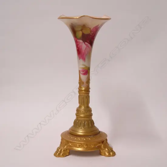 An early 20thC Royal Worcester trumpet vase painted with roses by Kitty Blake