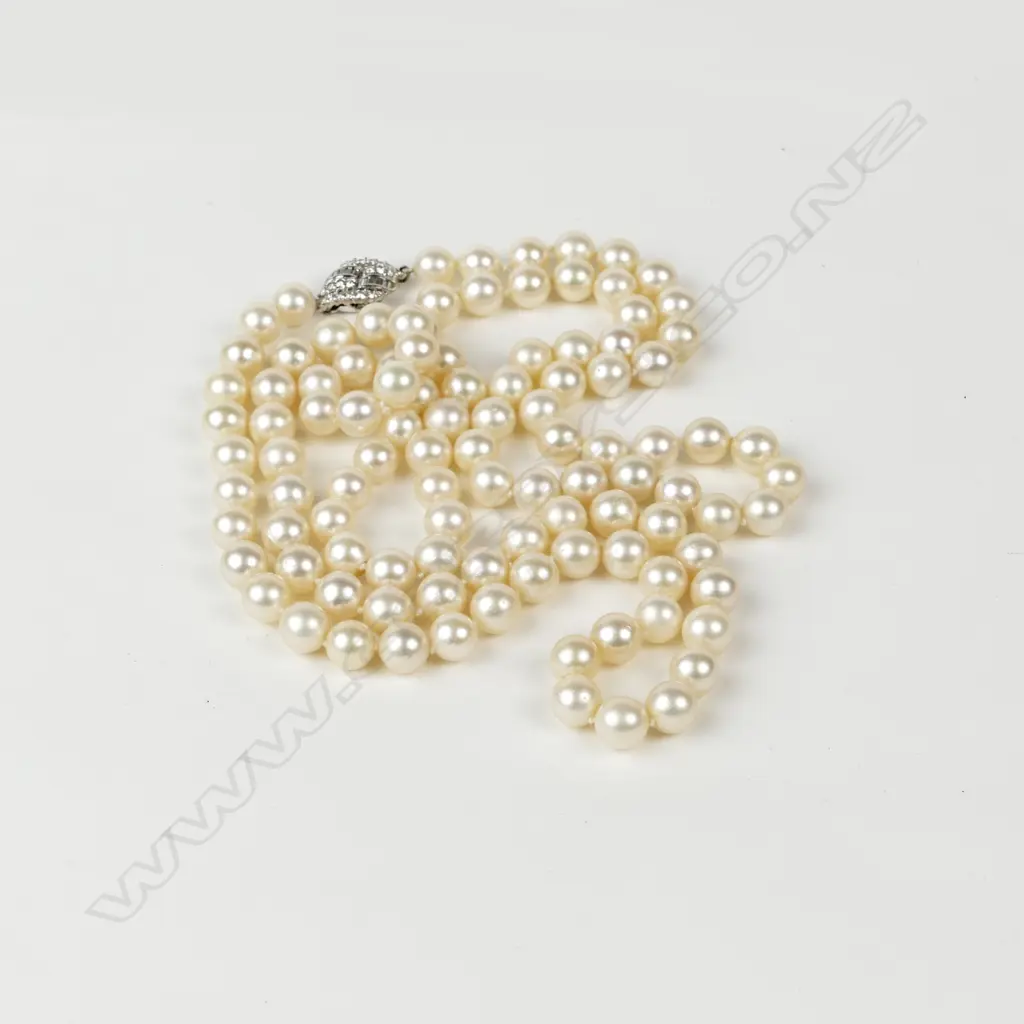 A single strand Akoya cultured pearl necklace with diamond clasp Image 1++