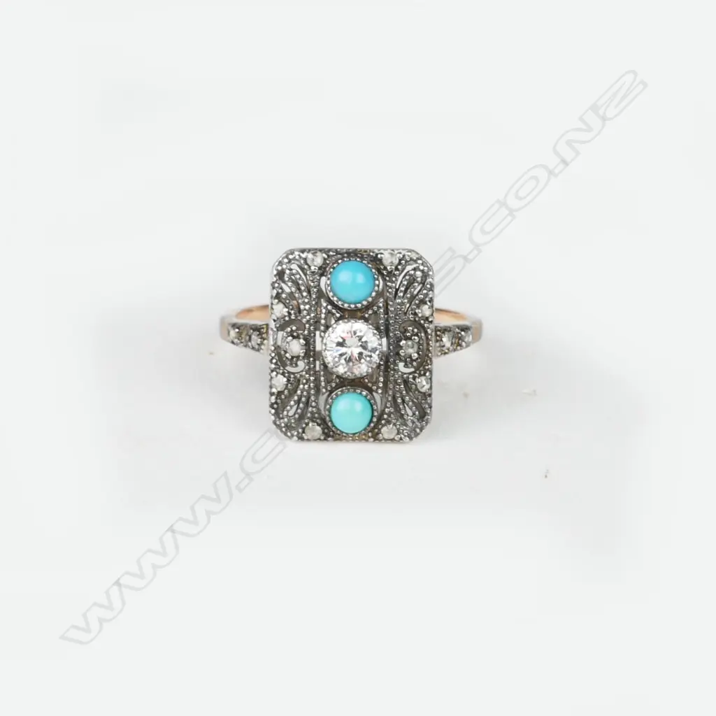 An 18ct. rose gold silver diamond and turquoise Art Deco style ring Image 1++