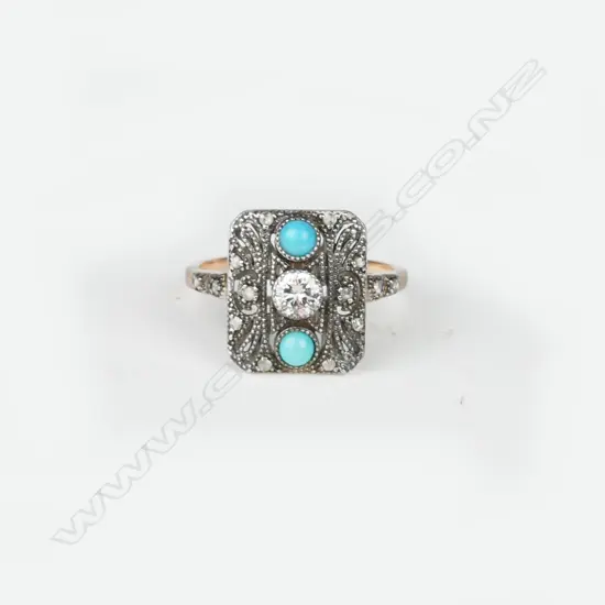 An 18ct. rose gold silver diamond and turquoise Art Deco style ring