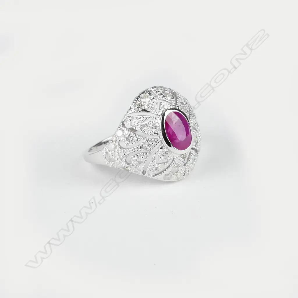An Art Deco style 18ct. white gold ruby and diamond ring Image 1++