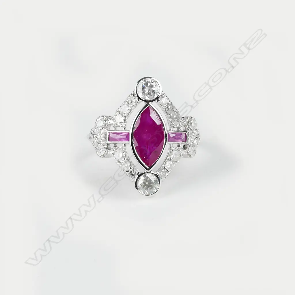 An Art Deco style 18ct. white gold ruby and diamond ring Image 1++