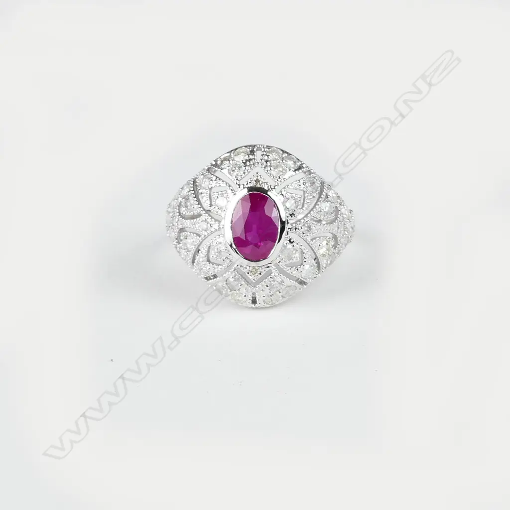 An 18ct. white gold ruby and diamond Art Deco style ring Image 1++