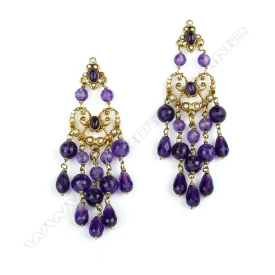 A pair of gold pearl and amethyst chandelier drop earrings