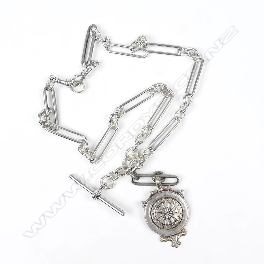 A c.1900 silver rail link fob chain with medallion Image 1++