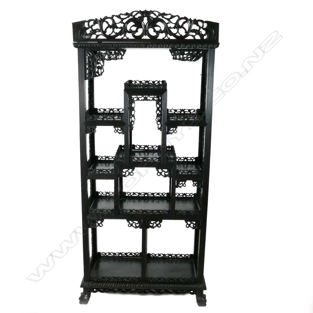 A vintage Chinese black wood display shelf Image 1++