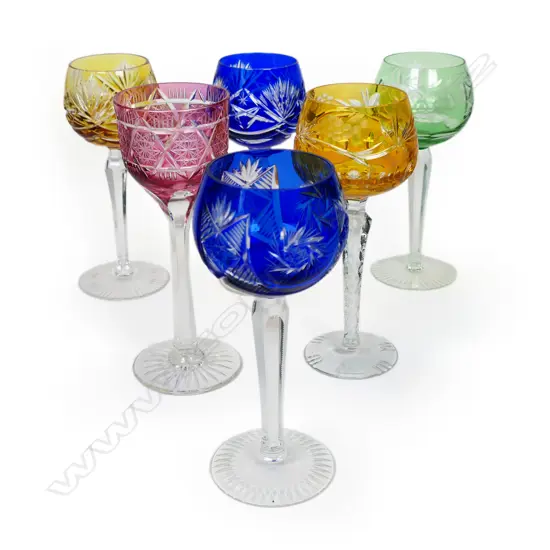 A harlequin set of six Bohemian long stemmed wine glasses,