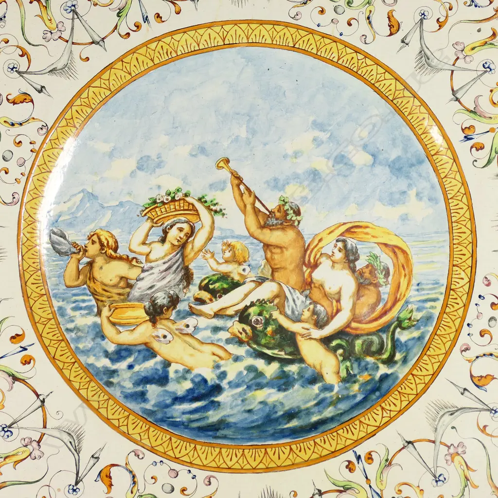 A large 19thC Italian Majolica tin glazed wall charger by Achille Mollica, Image 1++