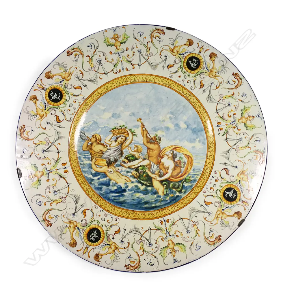 A large 19thC Italian Majolica tin glazed wall charger by Achille Mollica, Image 1++