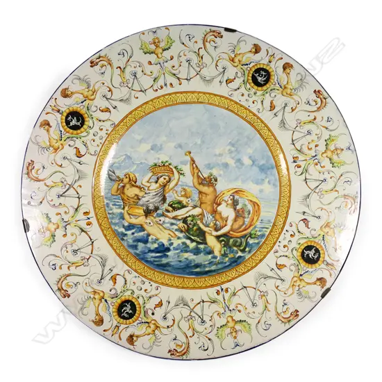 A large 19thC Italian Majolica tin glazed wall charger by Achille Mollica,