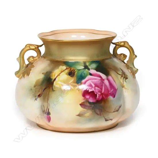 A Royal Worcester roses painted squat vase,
