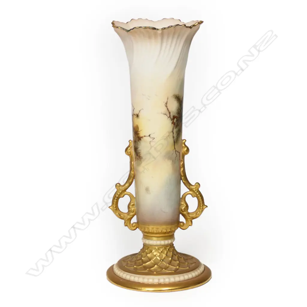 A Royal Worcester trumpet vase painted with peacocks, Image 1++